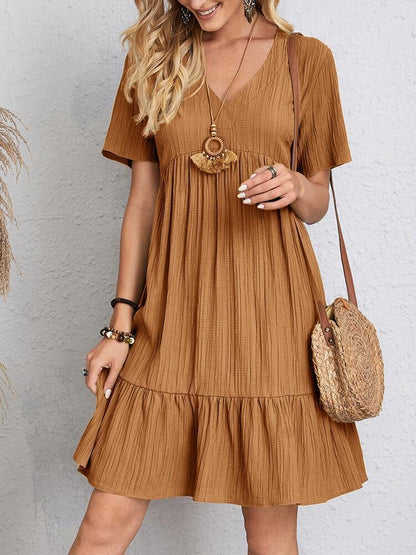 V-neck Short Sleeve Dress Summer Fashion Casual Loose Ruffled Dresses Beach Clothing Women